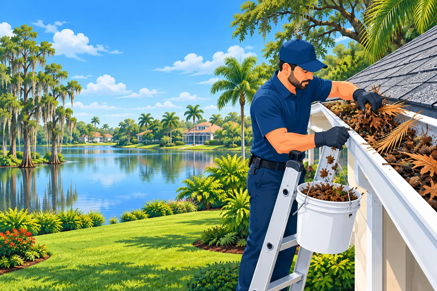 Illustration: gutter cleaning at a home in the Winter Springs area of Florida
